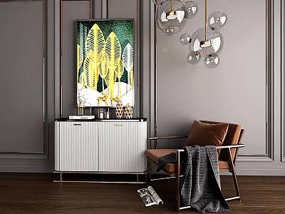 Modern Elegant Console Side Cabinet Design With White Panel Doors Gold Legs And Leather Chair 3d model