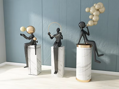 Modern Decorative Figurines With Balls Hoop And Balloons On Marble Pedestals 3d model