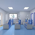 Medical Waiting Room With Blue Seats IV Stands Display Screen White Walls And Blue Floor