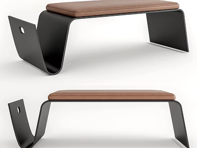 Minimalist Modern Footstool With Black Metal Frame And Brown Leather Cushion 3d model