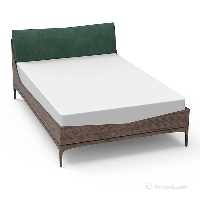Stylish Double Bed With Green Upholstered Headboard Wooden Frame And White Mattress 3d model 