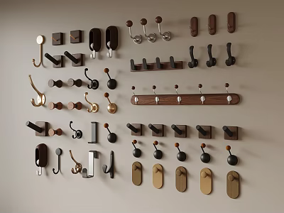 Various Stylish Metal and Wooden Wall Mounted Decorative Hooks in Different Designs 3d model