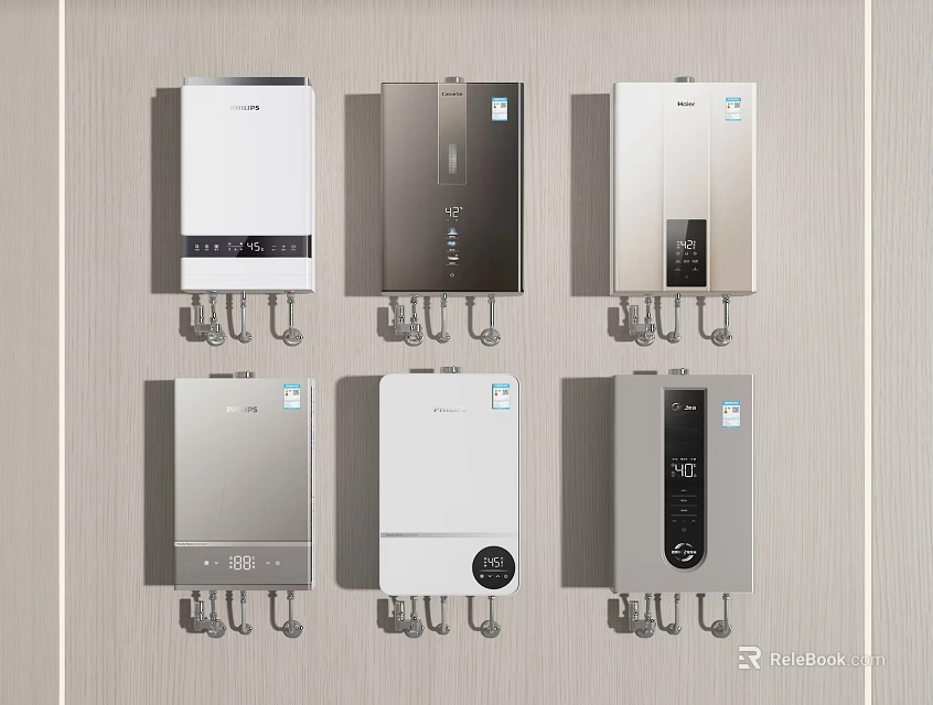 Various Modern Household Electric Water Heaters Mounted on Wall With Digital Displays 3d model 