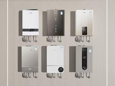 Various Modern Household Electric Water Heaters Mounted on Wall With Digital Displays 3d model