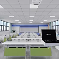 School Modern Classroom With White Desks Green Leg Chairs Large Screen Blue Decorations And Windows