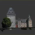 Historic Castle Architecture With Multiple Towers Spires Green Trees And Lush Lawn