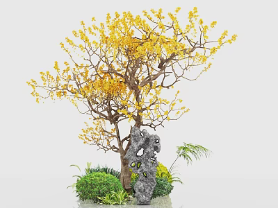 Garden Courtyard Design With Yellow Flowering Tree Rockery Stone And Green Plants 3d model