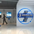 Modern Showroom With Product Displays Posters Visitor White Stands And Blue Floor