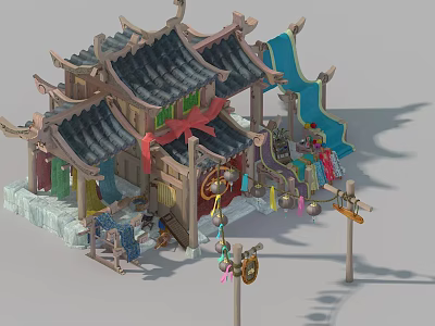 Ancient Chinese Architecture Featuring Curved Eaves Tiled Roof Red Ornaments And Hanging Decorations 3d model