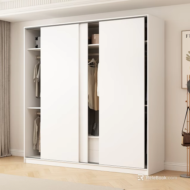 Modern White Wardrobe Interior With Sliding Doors Hanging Areas And Open Shelves 3d model 