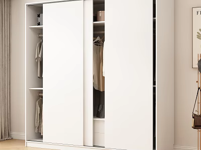 Modern White Wardrobe Interior With Sliding Doors Hanging Areas And Open Shelves 3d model