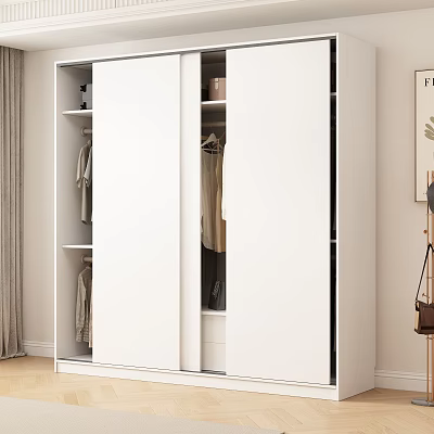Modern White Wardrobe Interior With Sliding Doors Hanging Areas And Open Shelves 3d model