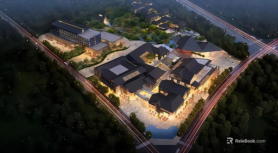 Chinese Architectural Commercial Street Night View With Bright Lighting And Greenery Surroundings 3d model 