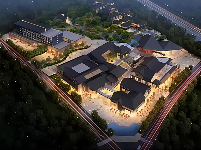 Chinese Architectural Commercial Street Night View With Bright Lighting And Greenery Surroundings 3d model