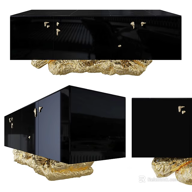 Modern Black Sideboard With Glossy Glass Doors And Gold Metal Base Design 3d model 