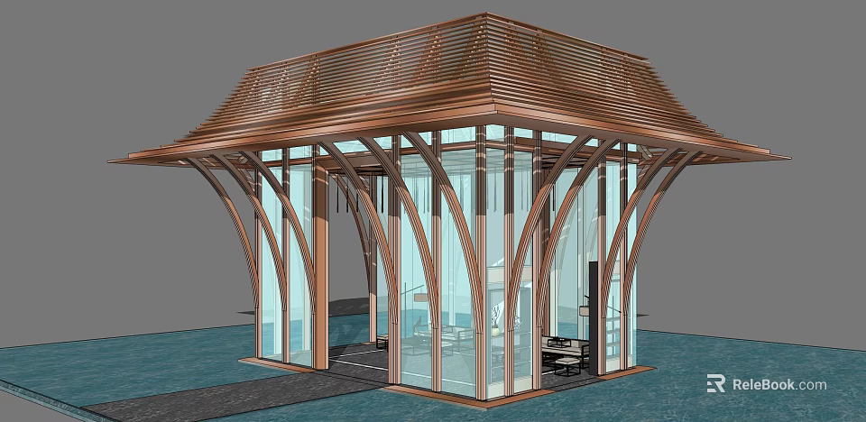 Modern Landscape Pavilion With Wooden Roof Curved Pillars And Glass Walls 3d model 