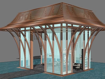Modern Landscape Pavilion With Wooden Roof Curved Pillars And Glass Walls 3d model