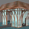 Modern Landscape Pavilion With Wooden Roof Curved Pillars And Glass Walls