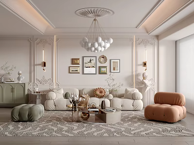 Elegant Modern Living Room Interior Design With White Sofa Orange Armchair And Patterned Rug 3d model