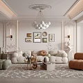 Elegant Modern Living Room Interior Design With White Sofa Orange Armchair And Patterned Rug