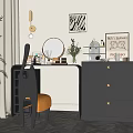 Stylish Black Vanity Table Interior With Round Mirror Gold Accents Cosmetics And Vase Flowers