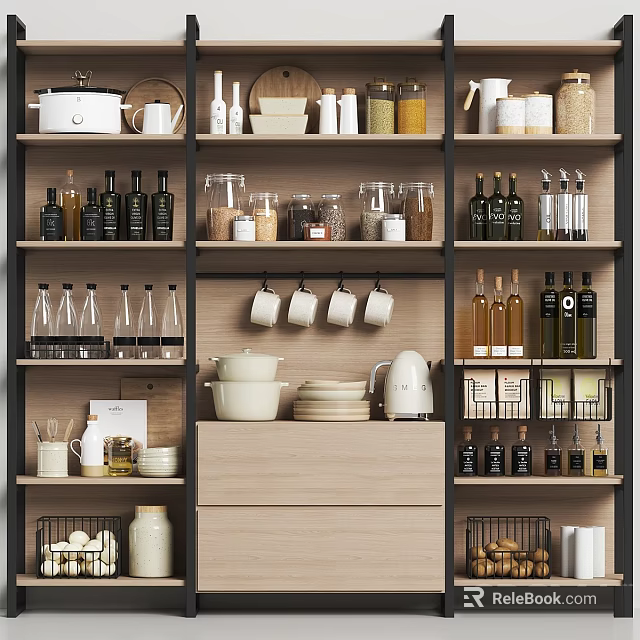 Organized Modern Kitchen Interior With Shelves Glass Jars Hanging Mugs And Wooden Cabinets 3d model 