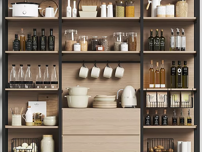 Organized Modern Kitchen Interior With Shelves Glass Jars Hanging Mugs And Wooden Cabinets 3d model