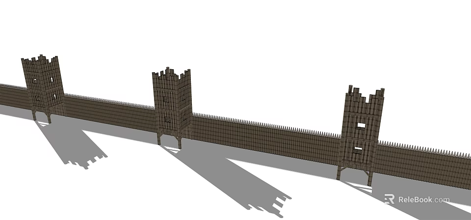 Wooden Landscape Feature Wall With Twin Towers And Long Connected Structure 3d model 