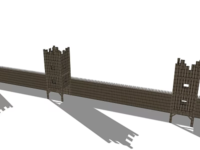 Wooden Landscape Feature Wall With Twin Towers And Long Connected Structure 3d model
