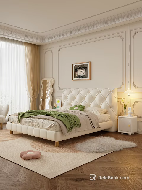 Modern Cream White Tufted Upholstered Double Bed For Cozy French Style Bedroom Interior Design 3d model 
