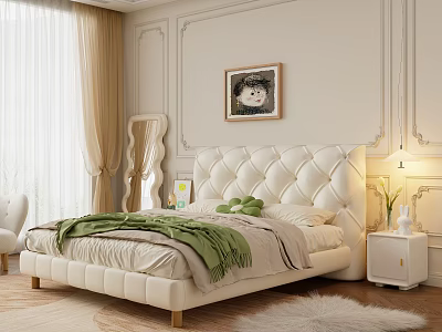 Modern Cream White Tufted Upholstered Double Bed For Cozy French Style Bedroom Interior Design 3d model