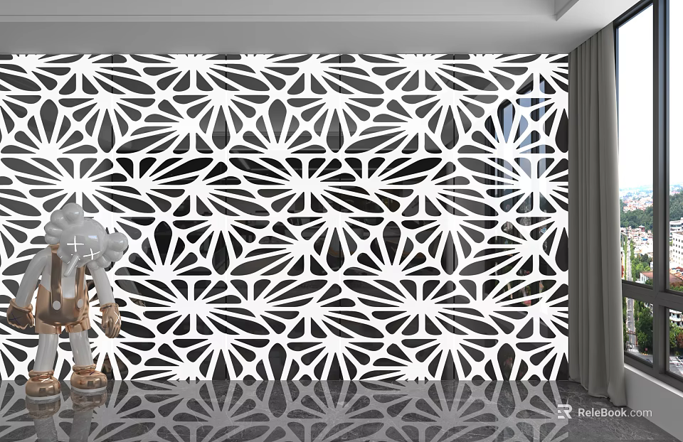 Intricate Black And White Laser Cut Pattern Background Wall In Modern Interior Space 3d model 