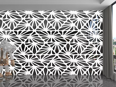 Intricate Black And White Laser Cut Pattern Background Wall In Modern Interior Space 3d model