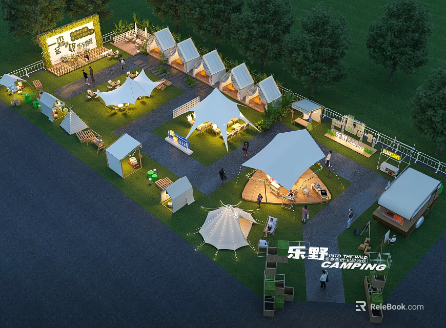 Well Arranged Outdoor Camping Site With Various Tents And Complete Supporting Leisure Activity Facilities 3d model 