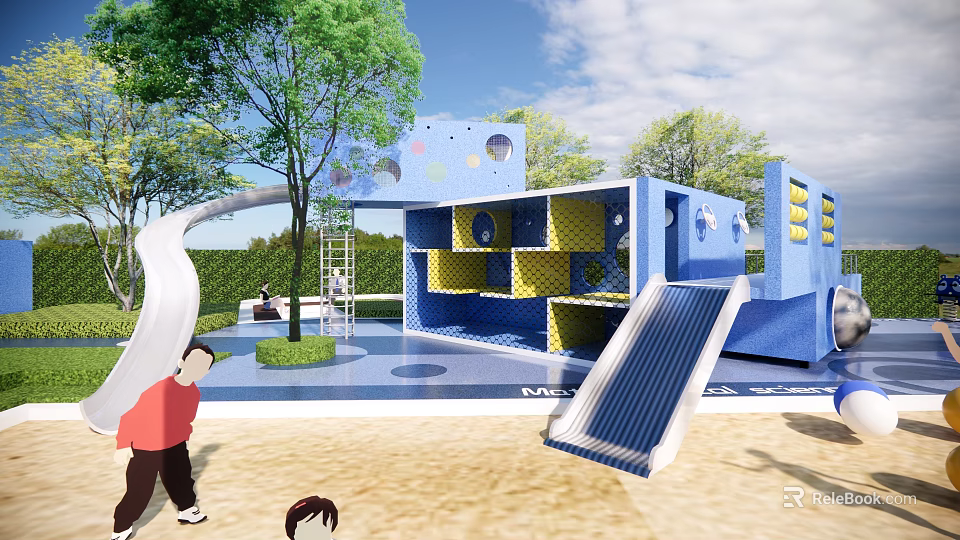 Outdoor Kids Playground Featuring Blue Yellow Play Structure Slide Sandpit Trees 3d model