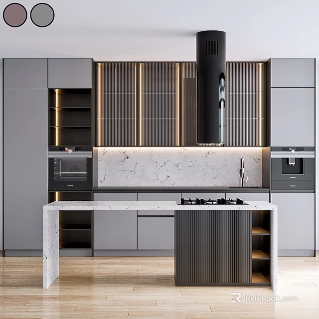 Modern Kitchen Interior With Marble Island Range Hood Built-in Ovens And Grey Cabinets 3d model 