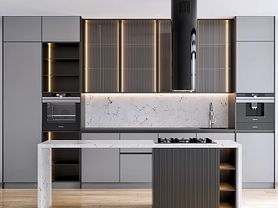 Modern Kitchen Interior With Marble Island Range Hood Built-in Ovens And Grey Cabinets 3d model