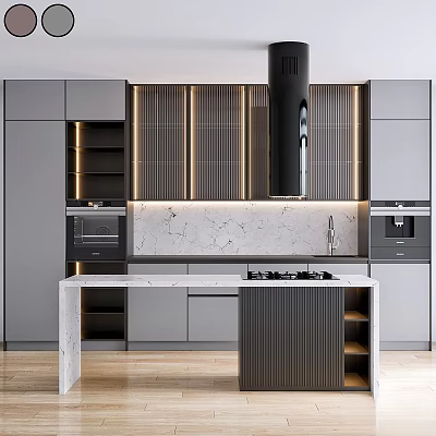 Modern Kitchen Interior With Marble Island Range Hood Built-in Ovens And Grey Cabinets 3d model