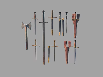 Ancient Weapons Collection Featuring Axes Swords Daggers With Metal Blades And Wooden Handles 3d model