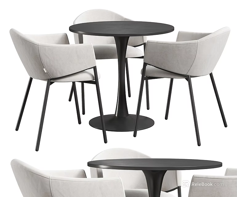 Modern Round Table And Chair Set With Light Gray Upholstered Chairs And Black Metal Legs 3d model 