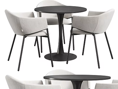 Modern Round Table And Chair Set With Light Gray Upholstered Chairs And Black Metal Legs 3d model