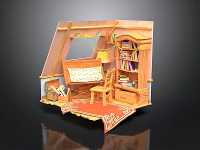 Miniature Room Architecture Model With Wooden Bookshelf Desk Lamp And Red Carpet 3d model