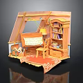Miniature Room Architecture Model With Wooden Bookshelf Desk Lamp And Red Carpet
