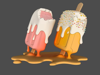 Art Installation Featuring Pink And Yellow Ice Cream Popsicles With Melting Cream And Sprinkles 3d model