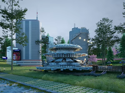 Futuristic Urban Park With Modern Buildings Circular Observation Deck And Green Lawns 3d model