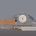 Gray Background Wall With Bricks Wooden Board Circular Decoration And Different Material Layers 3d model