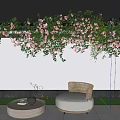 Courtyard Garden With Green Vines Pink Flowers Wicker Furniture And Gray Tile Floor