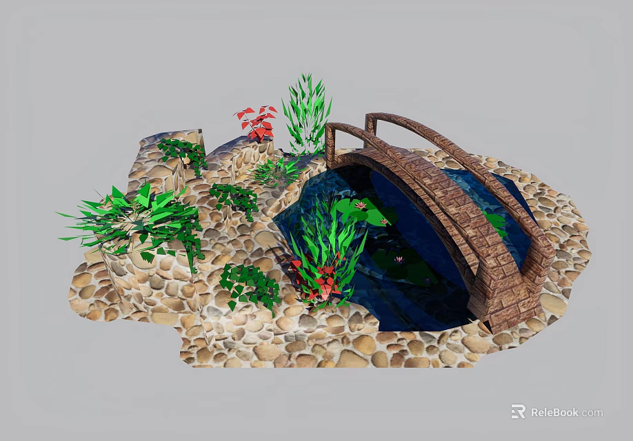 Water Fountain Landscape with Wooden Bridge Pebble Ground and Green Plants 3d model 