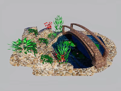 Water Fountain Landscape with Wooden Bridge Pebble Ground and Green Plants 3d model