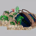 Water Fountain Landscape with Wooden Bridge Pebble Ground and Green Plants